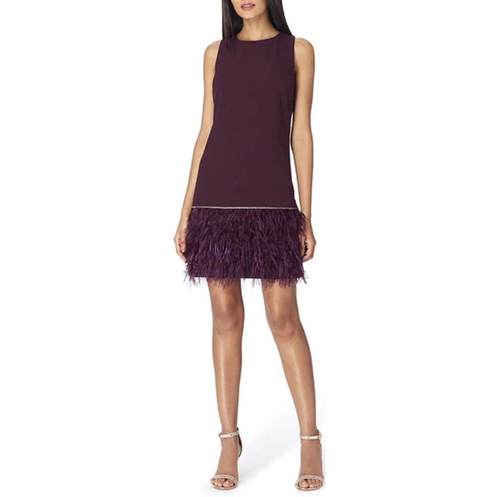Tahari ASL Rhinestone Feather-Hem Crepe Dress NWOT